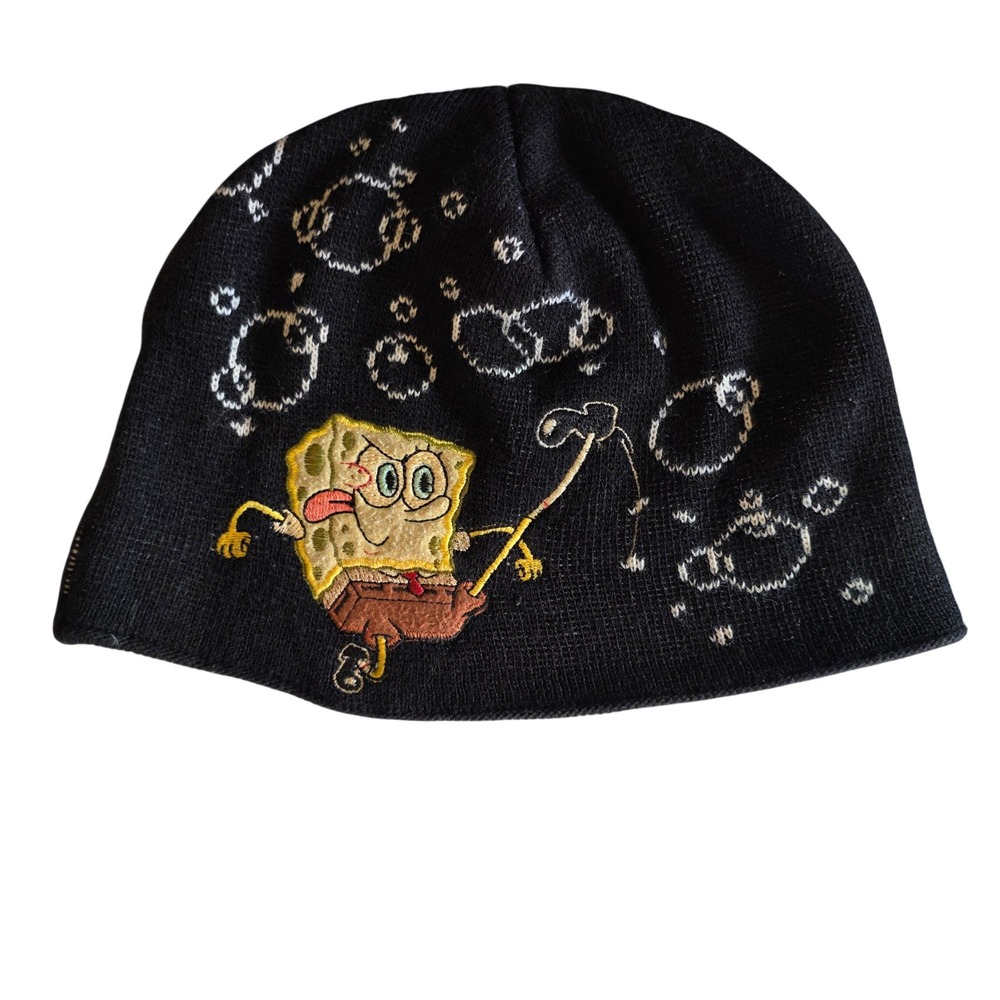 Vintage 2003 SpongeBob SquarePants Bubble Beanie Hat Black Knit Nickelodeon Y2K